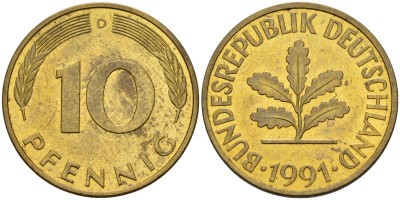 ФРГ 10 пфеннигов 1991 D KM 108, J. 383 сталь плакированная латунью 4175-954