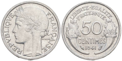 ФРАНЦИЯ 50 САНТИМОВ 1941 ТИП MORLON LOURDE KM 894.1a, LE FRANC 193.2 алюминий 44-244