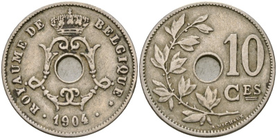 Бельгия 10 сантимов 1904 BELGIQUE, Леопольд II (1865 - 1909) KM 52 медно-никель 4132-224