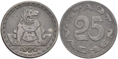 ААХЕН 25 ПФЕННИГОВ 1920 НОТГЕЛЬД ВЕСТФАЛИЯ железо 175-153