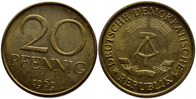ГДР 20 пфеннигов 1969 А, первый год KM 11 латунь UNC 4398-1131