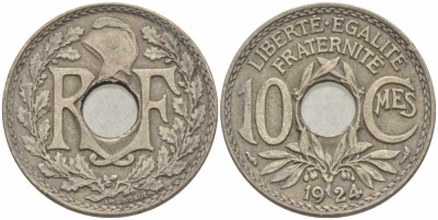 ФРАНЦИЯ 10 САНТИМОВ 1924 ТИП ЛИНДАЙЁ KM 866а, LE FRANC 138.10 медно-никель 108-145