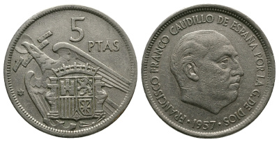ИСПАНИЯ 5 ПЕСЕТ 1957 (68) ФРАНСИСКО ФРАНКО ДИКТАТОР ИСПАНИИ (1939-1975) KM 786 медно-никель 89-1137
