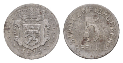 Цвайбрюккен 5 пфеннигов 1919 Funck 630.1, Men05 28182.1, Men18 35439.1 железо 4659-238
