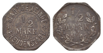 Фройденштадт 1/2 марки 1918 Funck 138.7, Men05 8260.7, Men18 10293.7 железо 4582-841