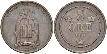 Швеция 5 эре 1881 Оскар II (1872-1907) король Швеции и Норвегии KM 736 бронза 4557-446