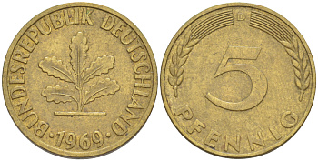 ФРГ 5 ПФЕННИГОВ 1969 D KM 107, J. 382 сталь плакированная латунью 4181-924