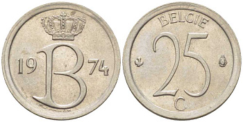 БЕЛЬГИЯ 25 САНТИМОВ 1974 BELGIE, БОДУЭН I (1951-1993) KM 154.1 медно-никель 214-154