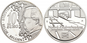 Бельгия 10 евро 2002 50 лет открытию железнодорожной ветки Норд-Миди около Брюсселя KM 233 серебро PROOF 02-014-34