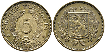 Финляндия 5 марок 1930 S, редкий год, тираж 592.000 KM 31 алюминиевая бронза 4388-1042