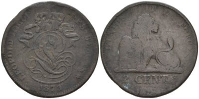 Бельгия 2 сантима 1873 Des Belges, Леопольд II (1865-1909) KM 35.1 медь 4563-735