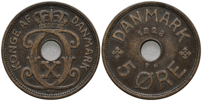 Дания 5 эре 1928 Кристиан X (1912-1947) KM 828 бронза 4577-742