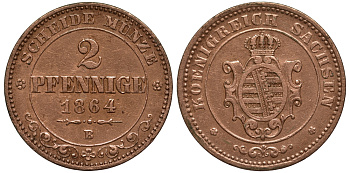 Саксония 2 пфеннига 1864 В, Иоганн (1854-1873) KM 1217, Jaeger 121, AKS 155 медь 413-5321