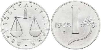 Италия 1 лира 1955 R, весы KM 91 алюминий  UNC  4594-715