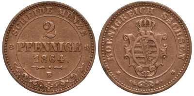 Саксония 2 пфеннига 1864 В, Иоганн (1854-1873) KM 1217, Jaeger 121, AKS 155 медь 413-5321