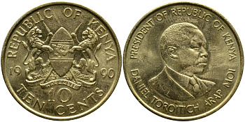 Кения 10 центов 1990 Дэниэл арап Мои KM 18 никель латунь 4526-1136