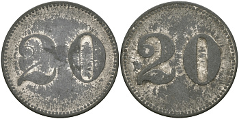 ФРАНЦИЯ 20 САНТИМОВ ND ПЛАТЕЖНЫЙ ЖЕТОН НАЧАЛА XX ВЕКА, ЦИФРЫ НОМИНАЛА 10 ММ., ДИАМЕТР 22 ММ. цинк 98-1011