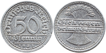 Германия 50 пфеннигов 1921 GF KM 27, J 301 алюминий 4364-2724
