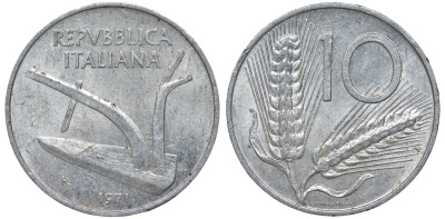 Италия 10 лир 1971 R, колосья KM 93 алюминий 4543-325