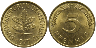 ФРГ 5 пфеннигов 1977 D KM 107, J.382 сталь плакированная латунью 99-114
