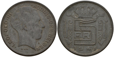 Бельгия 5 франков 1941 DES BELGEN, Леопольд III (1934-1947) KM 129 цинк 4161-916