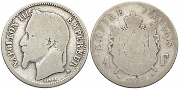 ФРАНЦИЯ 1 ФРАНК 1869 А, НАПОЛЕОН III KM 806.1, LE FRANC 215.12 серебро 4448-313