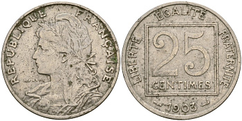 Франция 25 сантимов 1903 Patey 1er Type KM 855, Le Franc 168.3 никель 51-3247