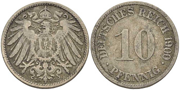 ГЕРМАНИЯ 10 ПФЕННИГОВ 1900 G KM 12, J. 13 медно-никель 4401-1133