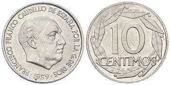 Испания 10 сентимо 1959 Франсиско Франко (1939-1975) KM 790 алюминий UNC 261-618