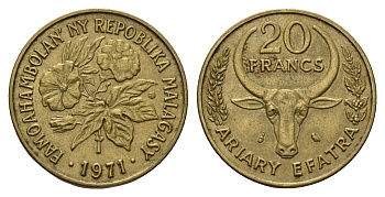 Мадагаскар 20 франков 1971 KM 12 алюминиевая бронза 92-457