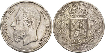 Бельгия 5 франков 1868 Леопольд II (1865-1909) KM 24 серебро 4184-613