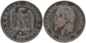 ФРАНЦИЯ 5 САНТИМОВ 1864 ВВ, НАПОЛЕОН III (1852-1870) KM 797.2, LE FRANC 117.12 бронза 34-442