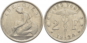 БЕЛЬГИЯ 2 ФРАНКА 1924 BELGIE KM 92 никель 114-821