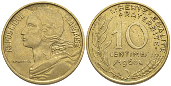 ФРАНЦИЯ 10 САНТИМОВ 1968 ТИП MARIANNE KM 929, LE FRANC 144.8 алюминиевая бронза 116-426