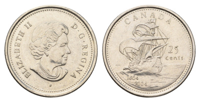 Канада 25 центов 2004 400 лет первому французскому поселению KM 628 сталь плакированная никелем 113-1055