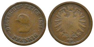Германия 2 пфеннига 1874 А, старогербовка KM 2, J.2 медь 4364-2713