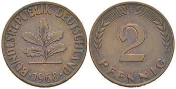 ФРГ 2 пфеннига 1968 G, из ролла J 381, KM 106 бронза  aUNC  M33-05