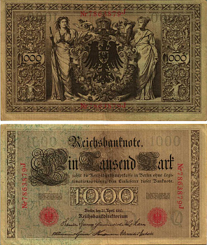 ГЕРМАНИЯ 1000 МАРОК 1910 21 АПРЕЛЯ 1910, СЕМИЗНАЧНЫЙ НОМЕР, СЕРИЯ J Pick 44b бумага 8610-20-1