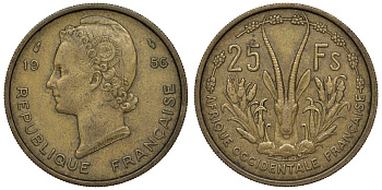 Французская Западная Африка 25 франков 1956 антилопа KM 7 алюминиевая бронза 4123-243