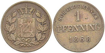 Бавария 1 пфенниг 1868 Людвиг II (1864-1886) КМ 471, Jaeger 91 AKS 185 медь 201-256
