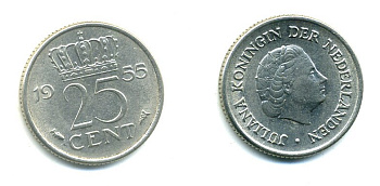 Нидерланды 25 центов 1955 Юлиана (1949-1980) KM 183 никель 76-363