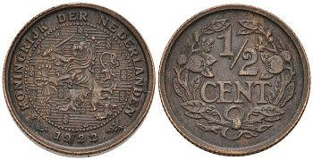 Нидерланды 1/2 цента 1922 Вильгельмина (1890-1948) KM 138 бронза 4576-427
