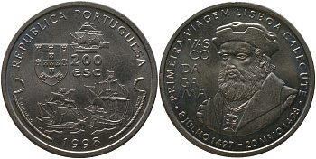 Португалия 200 эскудо 1998 INCM, Путешествие Васко да Гамы в Индию 1498 года - Васко да Гама KM 709 медно-никель aUNC 00-00