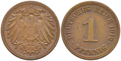 ГЕРМАНИЯ 1 ПФЕННИГ 1912 F KM 10, J. 10, Weege 2 медь 206-416