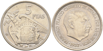 Испания 5 песет 1957 (65) Франсиско Франко (1939-1975) KM 786 медно-никель  UNC  4595-1022