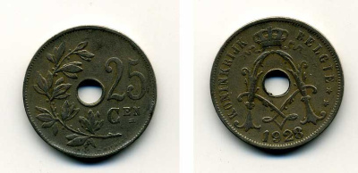 БЕЛЬГИЯ 25 САНТИМОВ 1928 BELGIE KM 69 медно-никель 41-914
