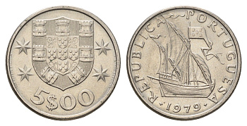 Португалия 5 эскудо 1979 парусник KM 591 медно-никель UNC 4707-236