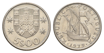 Португалия 5 эскудо 1979 парусник KM 591 медно-никель UNC 4707-236