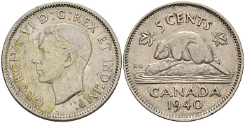 Канада 5 центов 1940 бобр, Георг VI (1937-1952) KM 33 никель 4605-714
