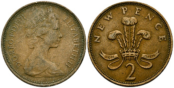 Великобритания 2 пенса 1971 Елизавета II (1952-2022) KM 916, Spink 4235 (C1) бронза 4167-526